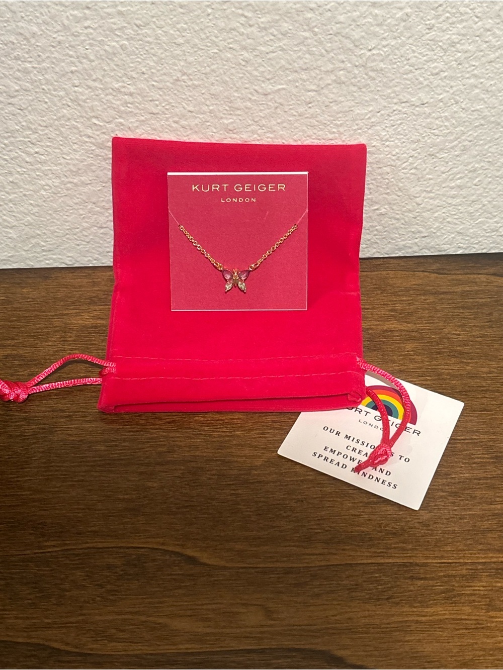 Kurt Geiger Gold Chain Necklace with Pink Butterfly Charm